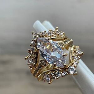 Beautiful Marquise Cut 3 Band White Diamond CZ Gold Tone Statement Ring